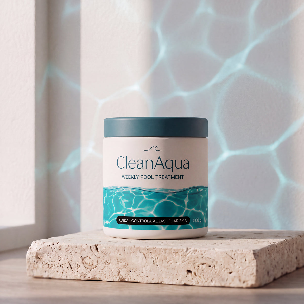 Tarro de CleanAqua junto a una pileta
