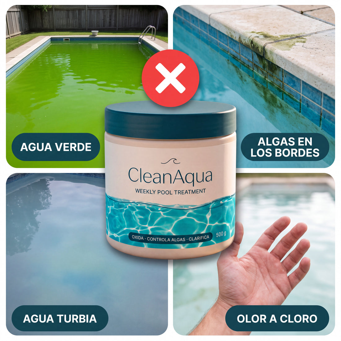 Agua verde, algas, agua turbia y olor a cloro